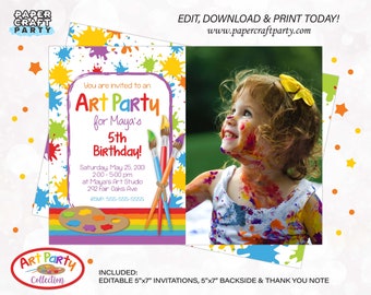 Art Paint Party Printable PHOTO Invite, Backside & Thank you Note included, Edit Online + Download Today With Free Corjl.com 0031