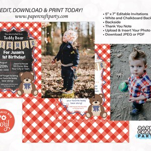 Teddy Bear Picnic Printable PHOTO Invitation and Thank You Note, Includes Backside, Edit Online Download Today With Free Corjl.com 0082 image 2