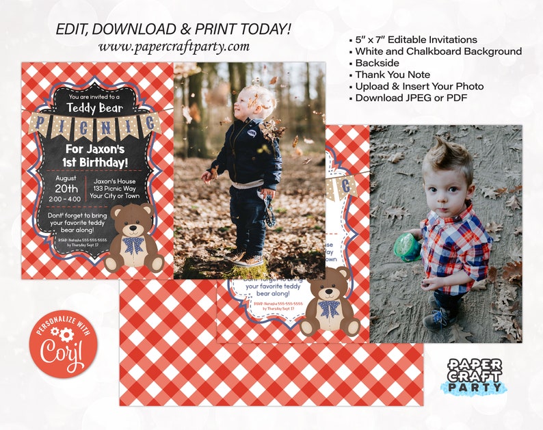 Teddy Bear Picnic Printable PHOTO Invitation and Thank You Note, Includes Backside, Edit Online Download Today With Free Corjl.com 0082 image 2