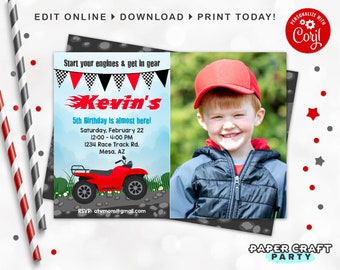 ATV para impressão. Convite para FOTO, quadriciclo de 4 rodas, nota de agradecimento e parte traseira incluída, edição on-line + download hoje mesmo com Corjl.com 0042 grátis