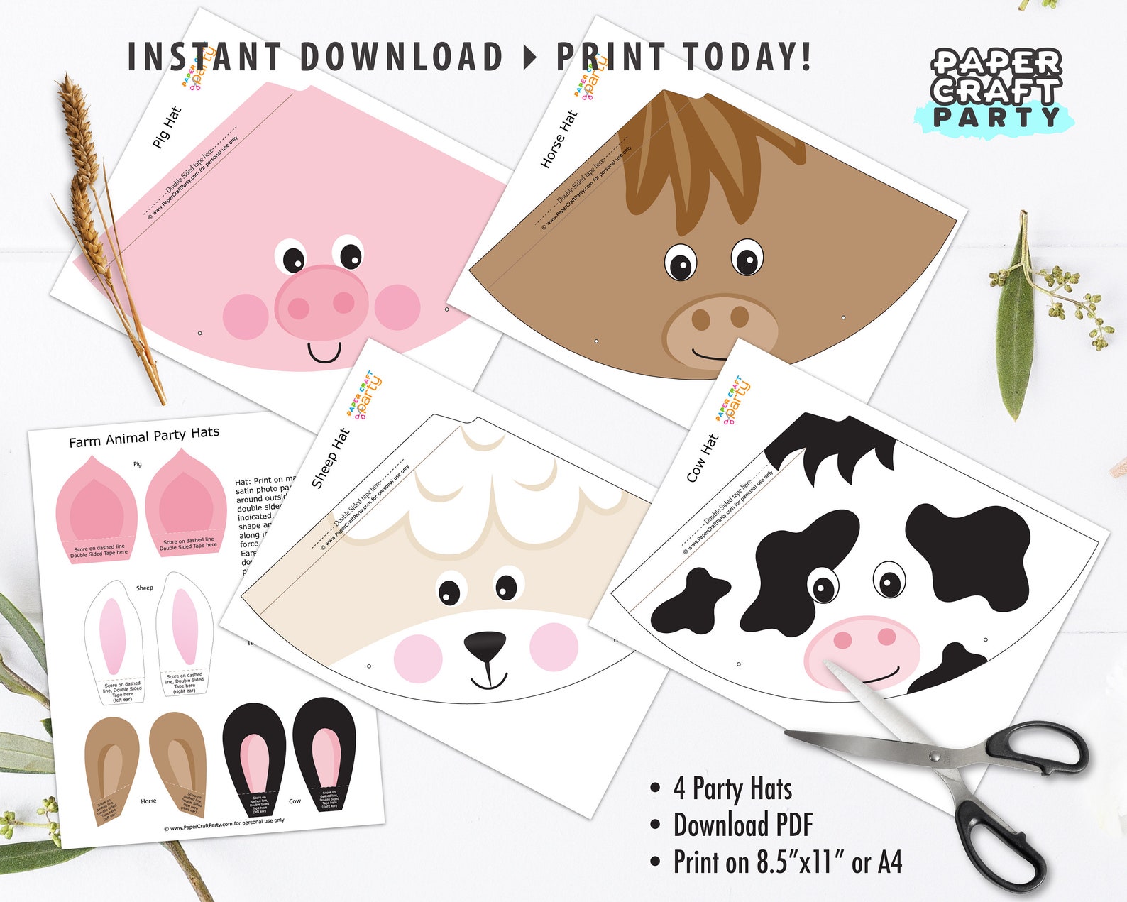 Farm Animal Party Hats Printable Party Hats Cow Horse Pig Etsy Ireland