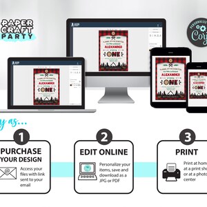 May include: A digital mockup showing how to create a printable invitation for a lumberjack themed first birthday party. The invitation features a red and black plaid background with a woodsy scene and the text "Plannin' Up for Some Fun! Our Little Lumberjack is Turning ONE!" The invitation is shown on a computer screen, a tablet, and a smartphone.
