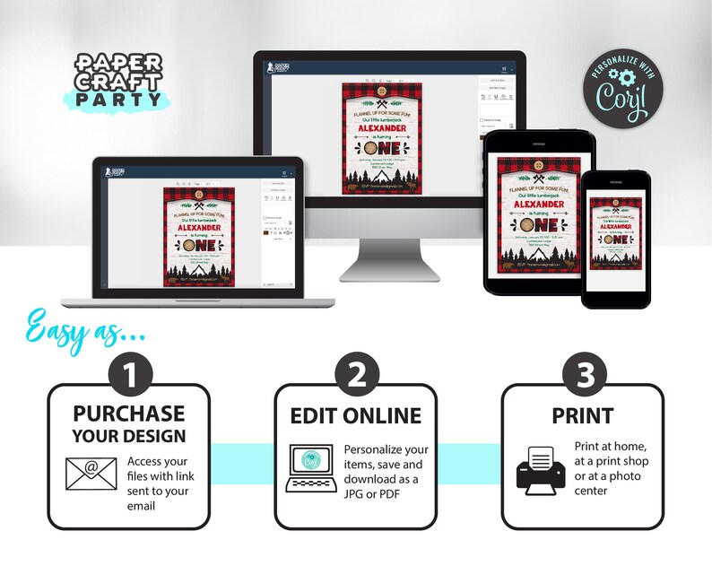 May include: A digital mockup showing how to create a printable invitation for a lumberjack themed first birthday party. The invitation features a red and black plaid background with a woodsy scene and the text "Plannin' Up for Some Fun! Our Little Lumberjack is Turning ONE!" The invitation is shown on a computer screen, a tablet, and a smartphone.
