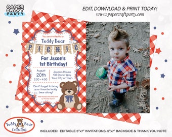 Teddy Bear Picnic Printable PHOTO Invitation and Thank You Note, Includes Backside, Edit Online + Download Today With Free Corjl.com 0082