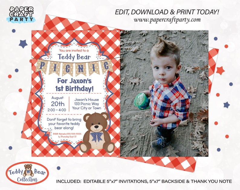 Teddy Bear Picnic Printable PHOTO Invitation and Thank You Note, Includes Backside, Edit Online Download Today With Free Corjl.com 0082 image 1