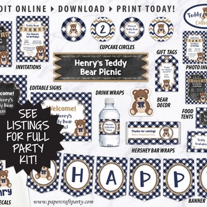 May include: A printable party kit for a teddy bear themed party. The kit includes invitations, cupcake circles, gift tags, photo invitations, editable signs, drink wraps, bear decor, food tents, Hershey bar wraps, a banner, and t-shirt decals. The kit features a blue and white gingham pattern with gold accents.