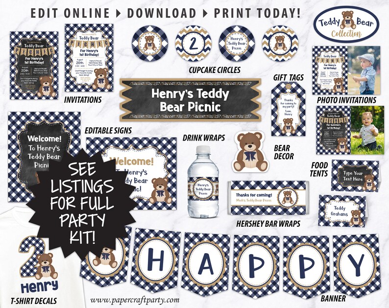 May include: A printable party kit for a teddy bear themed party. The kit includes invitations, cupcake circles, gift tags, photo invitations, editable signs, drink wraps, bear decor, food tents, Hershey bar wraps, a banner, and t-shirt decals. The kit features a blue and white gingham pattern with gold accents.
