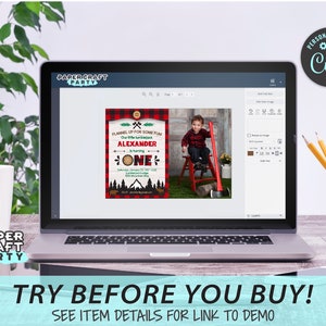 May include: A laptop screen displaying a digital invitation for a first birthday party with a lumberjack theme. The invitation features a red and black plaid background with a cartoon axe, a pine tree, and the text "Flannel Up for Some Fun". The invitation also includes the child's name, "Alexander", and the age, "One". A photo of a young boy in a red and black plaid shirt is shown on the right side of the screen.
