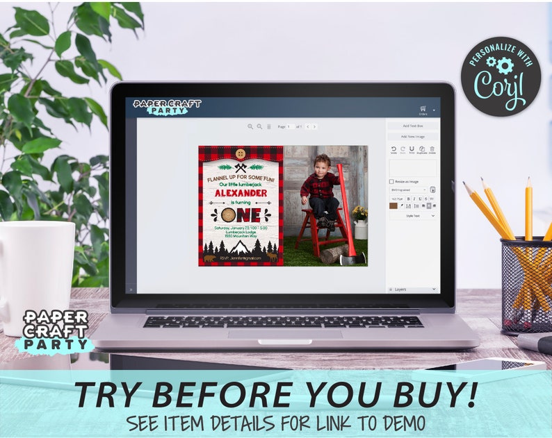 May include: A laptop screen displaying a digital invitation for a first birthday party with a lumberjack theme. The invitation features a red and black plaid background with a cartoon axe, a pine tree, and the text "Flannel Up for Some Fun". The invitation also includes the child's name, "Alexander", and the age, "One". A photo of a young boy in a red and black plaid shirt is shown on the right side of the screen.