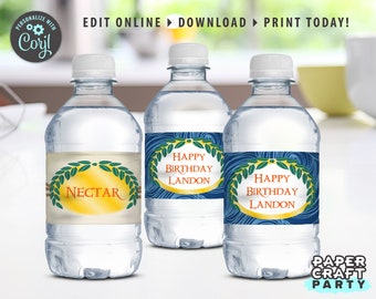 Etiquetas de bebidas para fiestas Demigod, envoltorios de botellas de agua de cumpleaños imprimibles, edítelos en línea y descárguelos hoy con Corjl.com gratis 0024