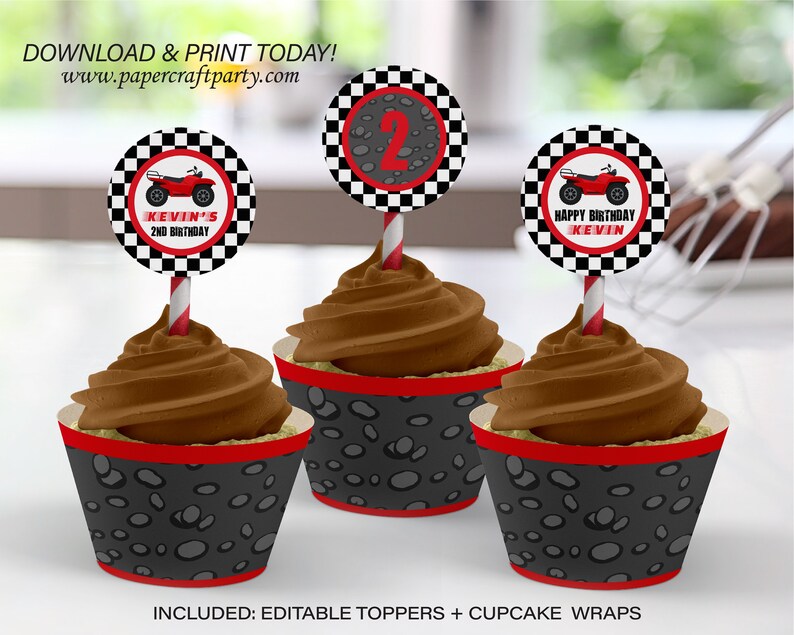 May include: Three chocolate cupcakes with black and grey cupcake wrappers with a red border. The cupcakes have red and white striped straws with round toppers. The toppers have a black and white chequered background with a red ATV and the text "Kevin's 2nd Birthday" and "Happy Birthday Kevin".