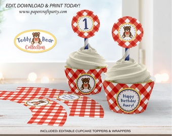 Teddy Bear Picnic Printable Party Circles & Cupcake Wrappers, Gift Tags, Edit Online + Download Today With Free Corjl.com 0083