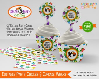 Toucan Printable Party Circles & Cupcake Wrappers, Gift Tags, Edit Online + Download Today With Free Corjl.com