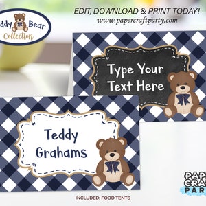 May include: Printable blue and white gingham food tent cards with a teddy bear illustration and the text "Teddy Grahams". The text "Type Your Text Here" is on a chalkboard background. The text "INCLUDED: FOOD TENTS" is at the bottom of the card.