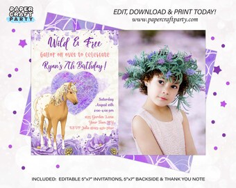 Horse Party Printable Photo Invite & Thank You, Boho Horse Birthday, Includes Backside, Edit Online+Download Today With Free Corjl.com 0070