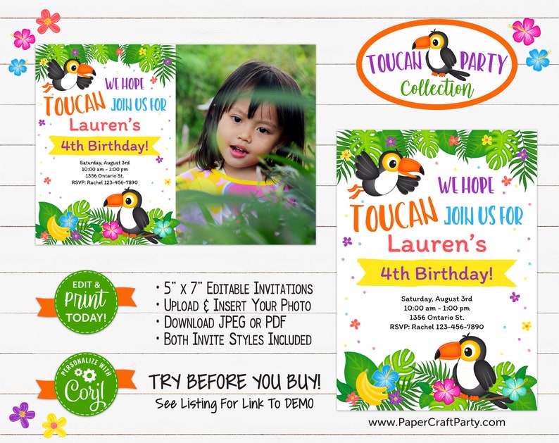 Toucan Party Printable Party Kit Includes Invites and Decorations, Edit Online Download Today With Free Corjl.com image 2