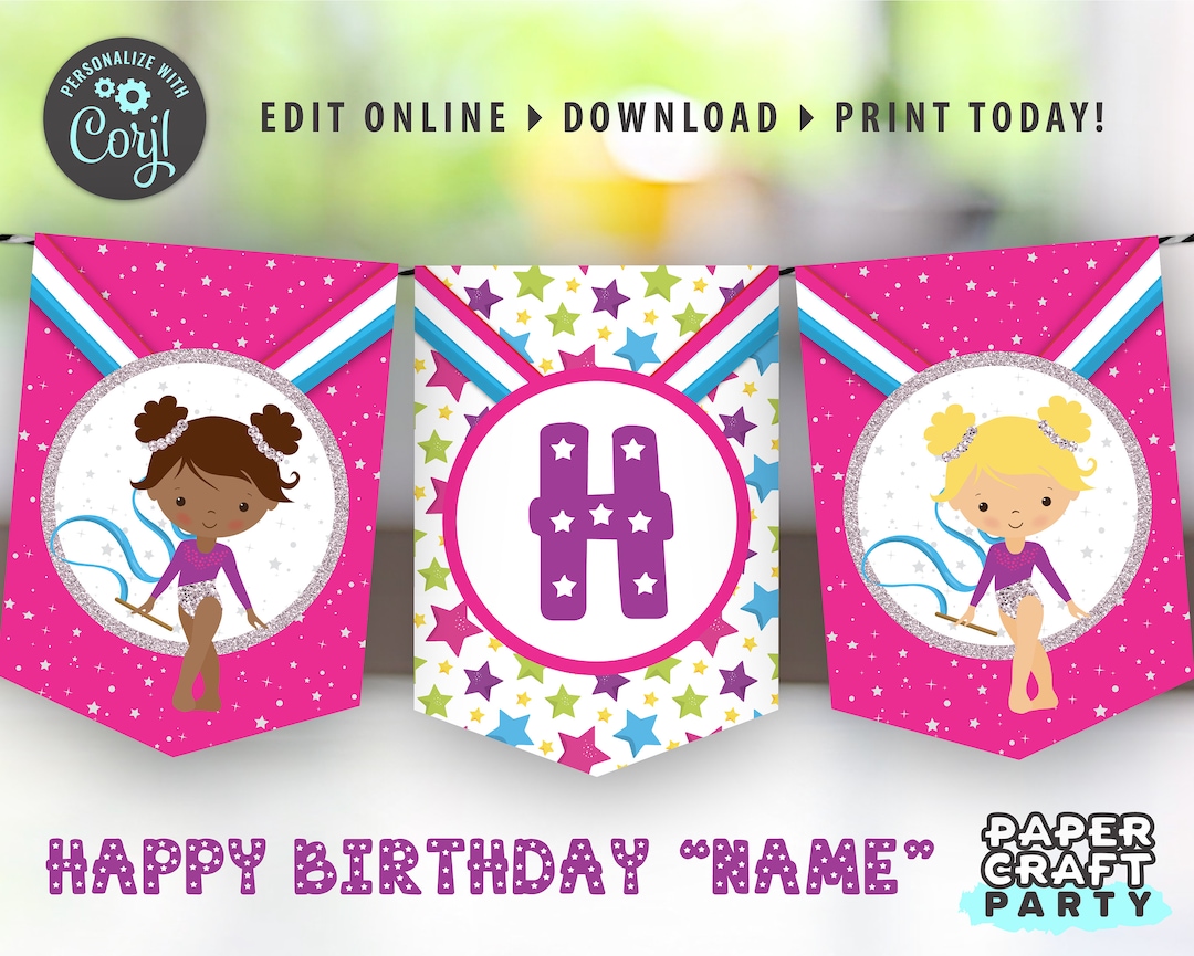 Gymnastics Party Printable Birthday Banner, Edit Online + Download ...