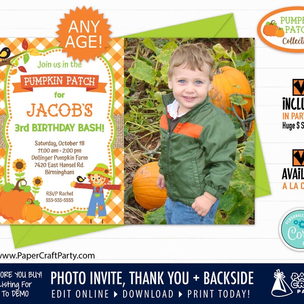 Pumpkin Patch Printable PHOTO Invitation and Thank You Note, Includes Backside, Edit Online + Download Today With Free Corjl.com