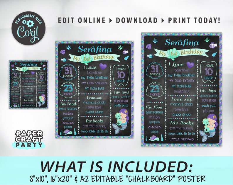 Mermaid Printable Chalkboard Sign, Milestone Poster, 1st 2nd 3rd Birthday, Under the Sea, Edit Online Download Today With Free Corjl.com image 3