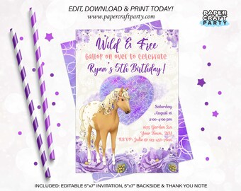 Horse Party Printable Invitation & TY Note, Boho Horse Birthday, Includes Backside, Edit Online+Download Today With Free Corjl.com 0070