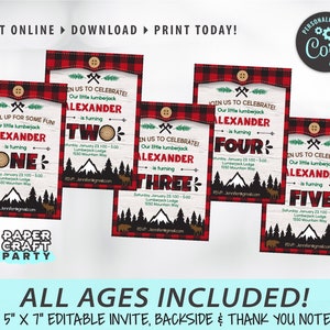 May include: Five printable invitations for a lumberjack themed birthday party. The invitations feature a red and black buffalo plaid background with a mountain scene and a moose. The invitations are for ages one through five and include the text "Our little lumberjack is turning..." with the age in large, bold font.