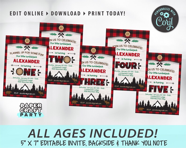 May include: Five printable invitations for a lumberjack themed birthday party. The invitations feature a red and black buffalo plaid background with a mountain scene and a moose. The invitations are for ages one through five and include the text "Our little lumberjack is turning..." with the age in large, bold font.