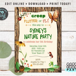 Invitación imprimible para fiesta de la naturaleza, parte trasera y nota de agradecimiento, invitación a la fiesta de insectos del bosque, edítela en línea y descárguela hoy con Corjl.com gratis 0060