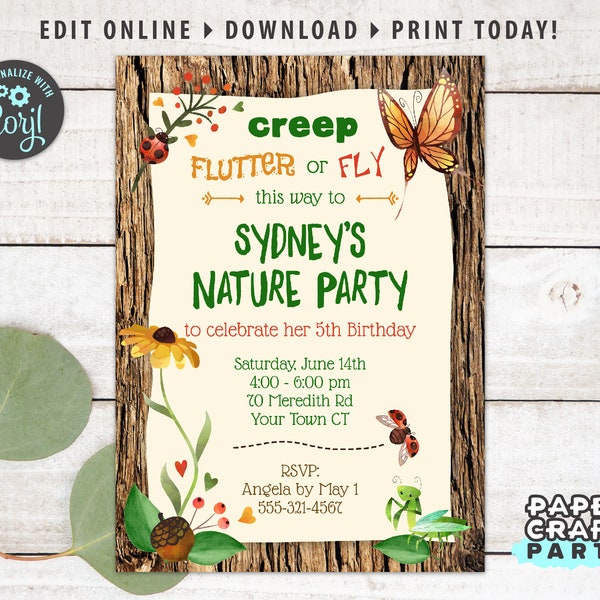 Nature Party Printable Invite, Backside & Thank you Note, Woodland Bug Party Invite, Edit Online + Download Today With Free Corjl.com 0060