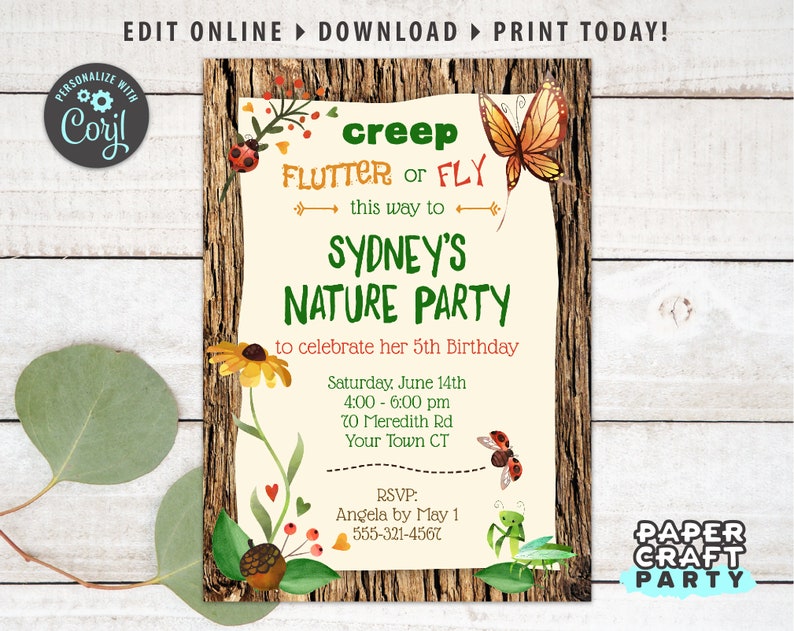 May include: A nature-themed party invitation with a rustic wood background. The invitation features a butterfly, ladybug, and other nature elements. The text reads "Creep or Flutter or Fly this way to Sydney's Nature Party to celebrate her 5th Birthday. Saturday, June 14th 4:00 - 6:00 pm 70 Meredith Rd Your Town CT RSVP: Angela by May 1 555-321-4567 Paper Craft Party".