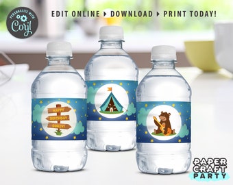 Camping Party Drink Labels, Printable Birthday Water Bottle Wrappers, Edit Online + Download Today With Free Corjl.com 0018