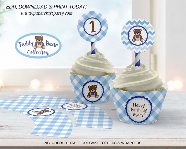 May include: Editable cupcake toppers and wrappers featuring a blue and white gingham pattern with a teddy bear design. The toppers include a blue chevron pattern with a teddy bear and the number one. The wrappers include a blue gingham pattern with a teddy bear and the text "Happy Birthday Avery!"