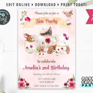 May include: A pink tea party invitation with watercolor illustrations of animals, teacups, and flowers. The text reads "Please join us for a Tea Party to celebrate Amelia's 2nd Birthday".
