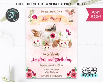 Tea Party Printable Invite & Thank You Note, Animal Friends Tea, Includes Backside, Edit Online + Download Today With Free Corjl.com 0036