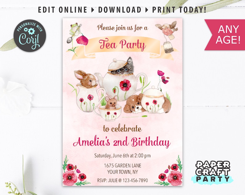 Tea Party Printable Invite & Thank You Note, Animal Friends Tea, Includes Backside, Edit Online Download Today With Free Corjl.com 0036 image 1