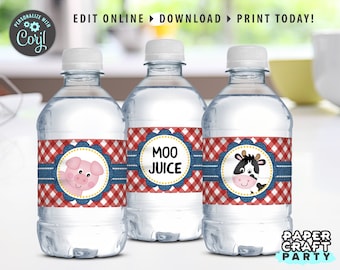 Farm Birthday Drink Labels, Printable Water Bottle Wrappers, Edit Online + Download Today With Free Corjl.com 0044