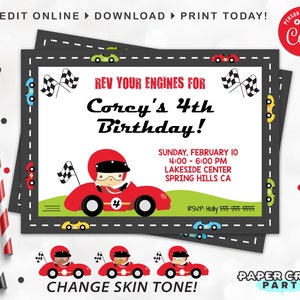 May include: A red, white, and blue race car birthday party invitation with a cartoon race car driver. The invitation says "Rev Your Engines for Corey's 4th Birthday!" and includes the date, time, and location of the party. The invitation is personalized with the name "Corey" and the age "4".