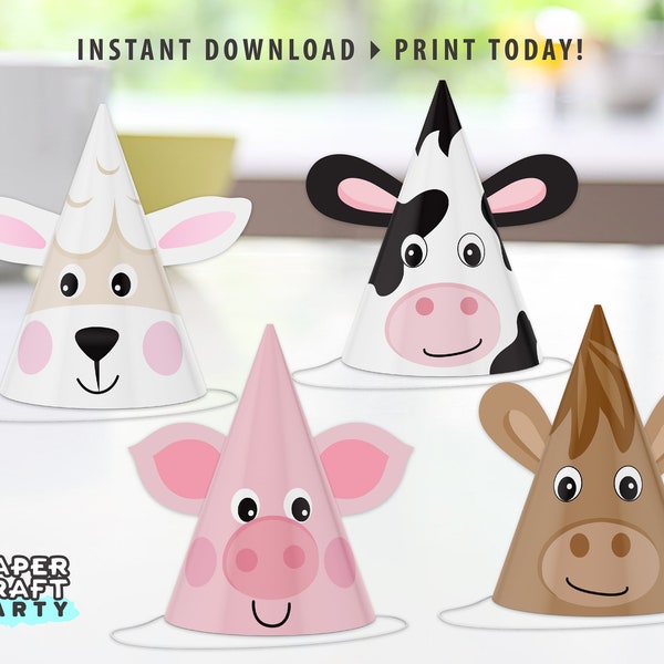 Farm Animal Party Hats, Printable Party Hats, Cow, Horse, Pig, Sheep, Set of 4,  Instant Download PDF, Barnyard Farmer Party 0044