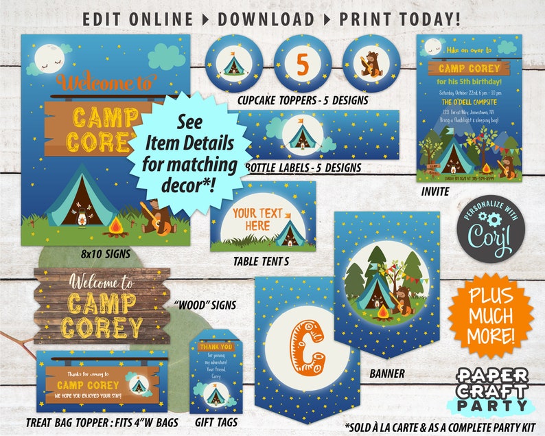May include: A printable camping party kit in a blue and yellow colour scheme. The kit includes a banner, cupcake toppers, bottle labels, table tents, signs, treat bag toppers, and gift tags. The kit features a woodland theme with a campfire, tent, and bear.