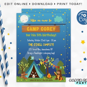 Convite para impressão de acampamento, parte traseira e nota de agradecimento, Nature Woodland S&#39;Mores Party, edite online + baixe hoje mesmo com Corjl.com grátis 0018
