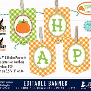 Op de afbeelding: Bewerkbare banner met het woord "HAPPY" in groene letters op oranje en witte ruitjesvlaggen. De vlaggen zijn aan elkaar geregen met touw en hebben een jute rand. De banner is 5 inch bij 7 inch en kan worden afgedrukt op papier van 8,5 bij 11 inch.
