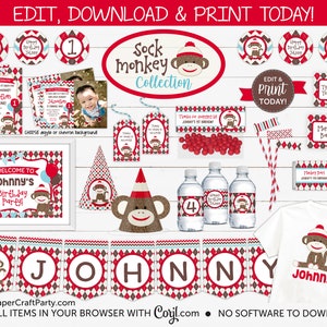 May include: A printable set of party decorations featuring a sock monkey theme. The set includes a welcome sign, a banner, water bottle labels, favour tags, cupcake toppers, and a t-shirt design. The colours are red, blue, brown, and white.