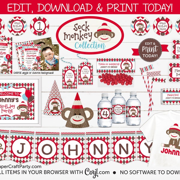 Sock Monkey Printable Party Kit Includes Invites and Decorations, Edit Online + Download Today With Free Corjl.com SMR