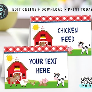 May include: Printable farm-themed food labels with a red barn, animals, and a blue and white checkered background. The text on the labels reads "Chicken Feed" and "Your Text Here".