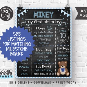 May include: A blue and white chalkboard style birthday sign with the name Mikey and the text "my first birthday". The sign lists milestones such as "I love", "I can say", "Fav toys", and "Fav books".