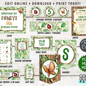 Pode incluir: Decorações de festa imprimíveis para uma festa de aniversário com tema natureza. O conjunto inclui toppers para cupcakes, etiquetas para garrafas, placas de mesa, uma faixa, toppers para sacos de guloseimas e etiquetas para presentes. As decorações apresentam uma combinação de cores verde, marrom e branco com borboletas, joaninhas e folhas.