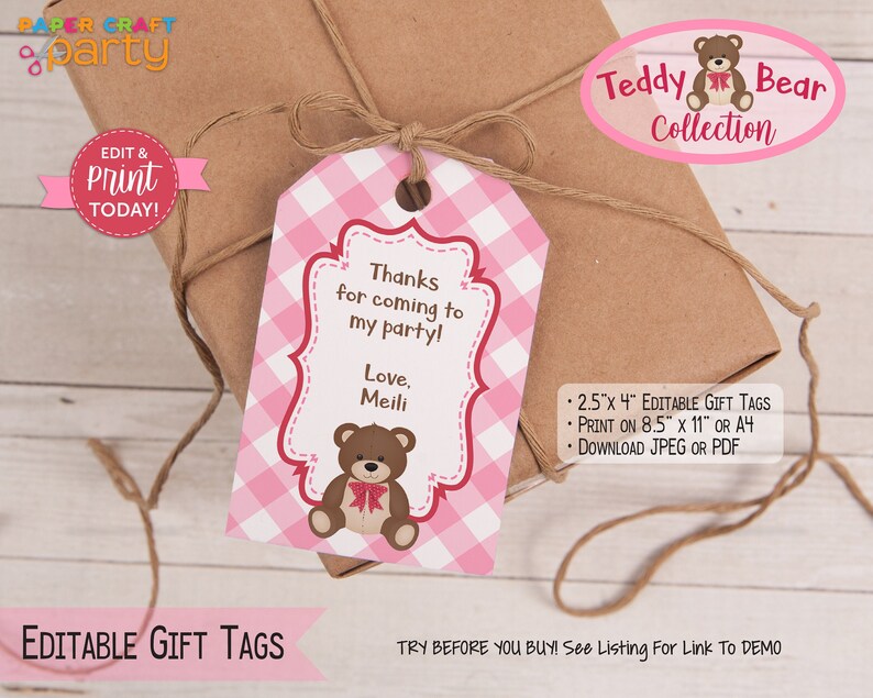 Teddy Bear Printable Gift Tags Printable Thank You Tag Edit Etsy