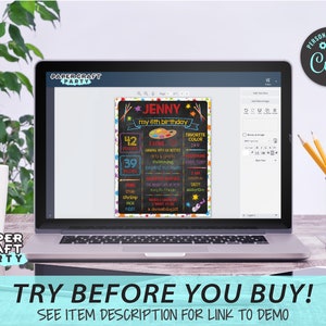 May include: A digital design for a birthday party invitation. The design features a chalkboard with colorful paint splatters and a paint palette. The text on the chalkboard reads "Jenny my 6th birthday".