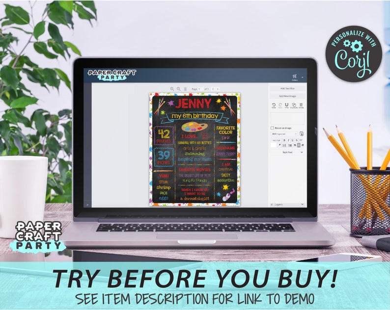 May include: A digital design for a birthday party invitation. The design features a chalkboard with colorful paint splatters and a paint palette. The text on the chalkboard reads "Jenny my 6th birthday".
