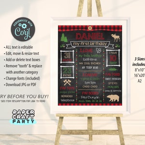 Puede incluir: Un cartel de primer cumplea&ntilde;os imprimible de estilo pizarra con fondo de cuadros rojos y negros. El cartel presenta el nombre "Daniel" y detalles sobre su primer a&ntilde;o, incluyendo su peso, altura, alimentos favoritos, juguetes y libros. El cartel est&aacute; disponible en tres tama&ntilde;os: 8x10 pulgadas, 16x20 pulgadas y A2.