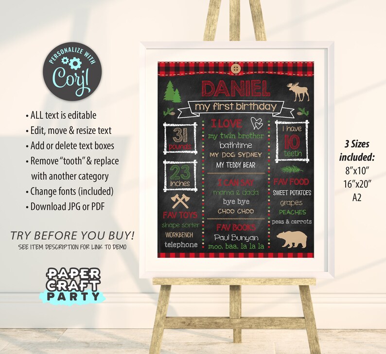Puede incluir: Un cartel de primer cumplea&ntilde;os imprimible de estilo pizarra con fondo de cuadros rojos y negros. El cartel presenta el nombre "Daniel" y detalles sobre su primer a&ntilde;o, incluyendo su peso, altura, alimentos favoritos, juguetes y libros. El cartel est&aacute; disponible en tres tama&ntilde;os: 8x10 pulgadas, 16x20 pulgadas y A2.